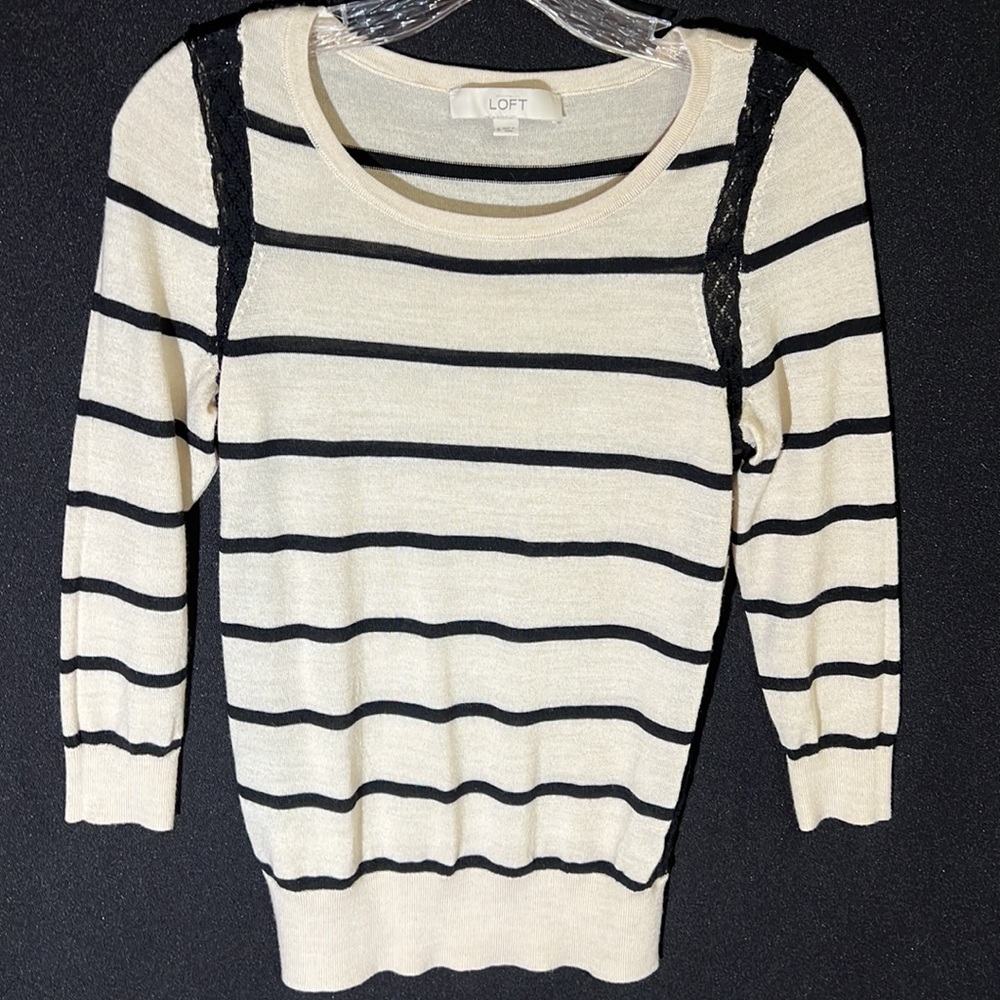 LOFT long sweater with black lace accents.